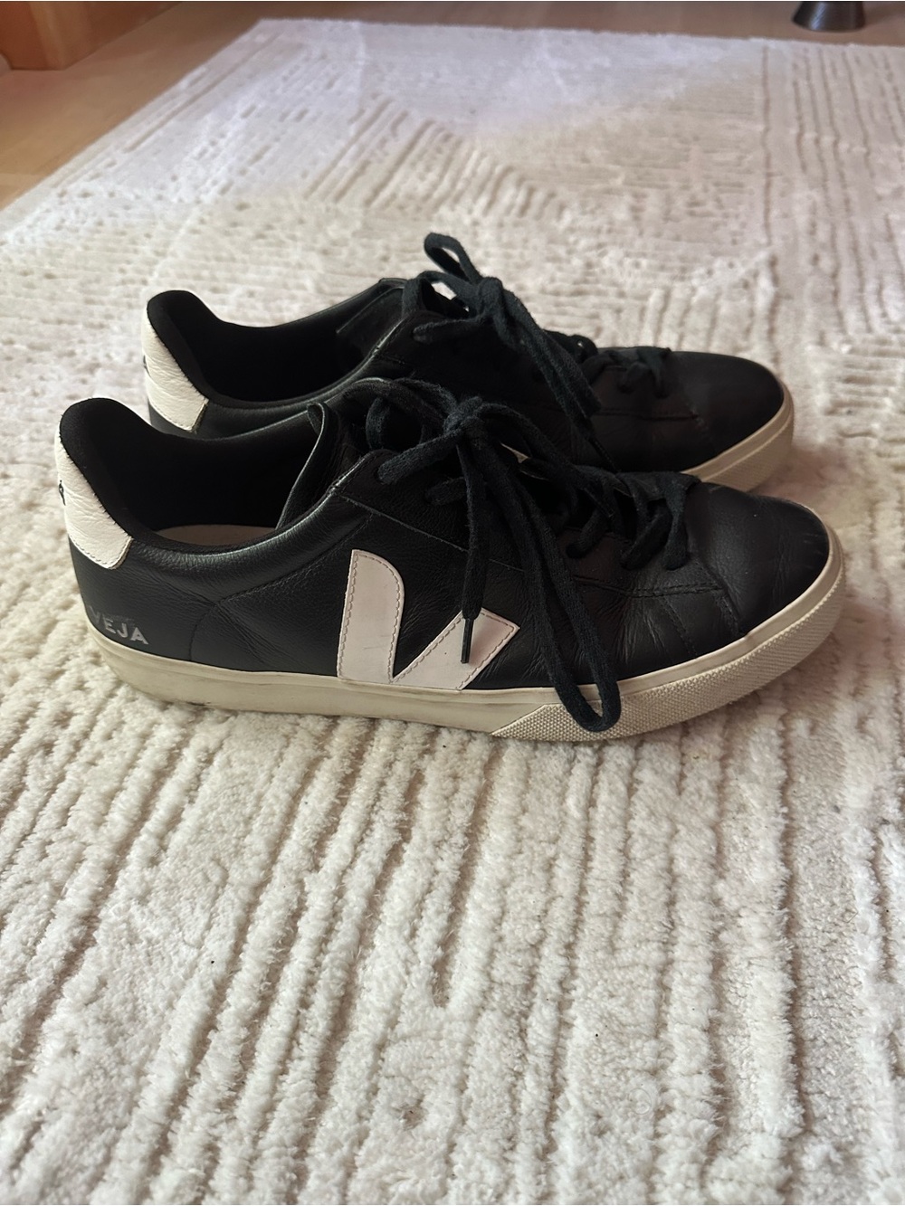 Men’s Veja Black Leather Sneakers with White V Logo